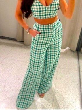 ZARA Green White Tweed Check Plaid Wide Leg Pants